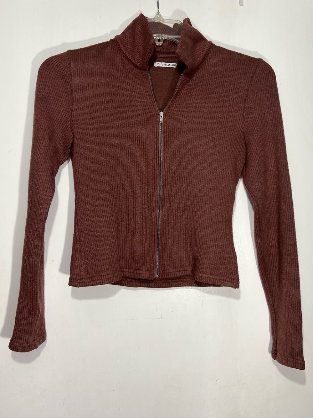 Reformation brown Ribbed Zip-Front Mock Collar top size S